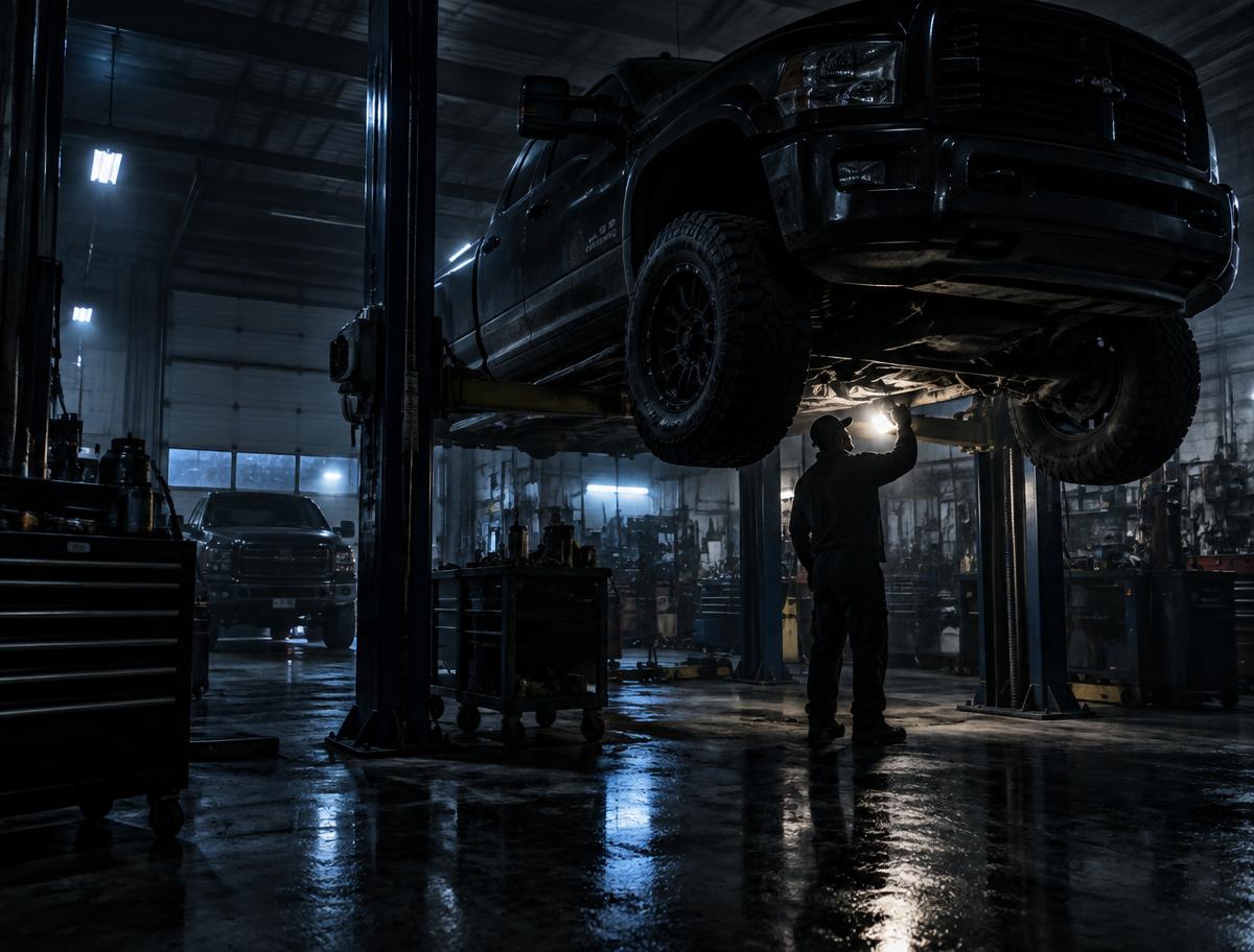 Truck on a lift inside the Limitless Towing and Repair shop